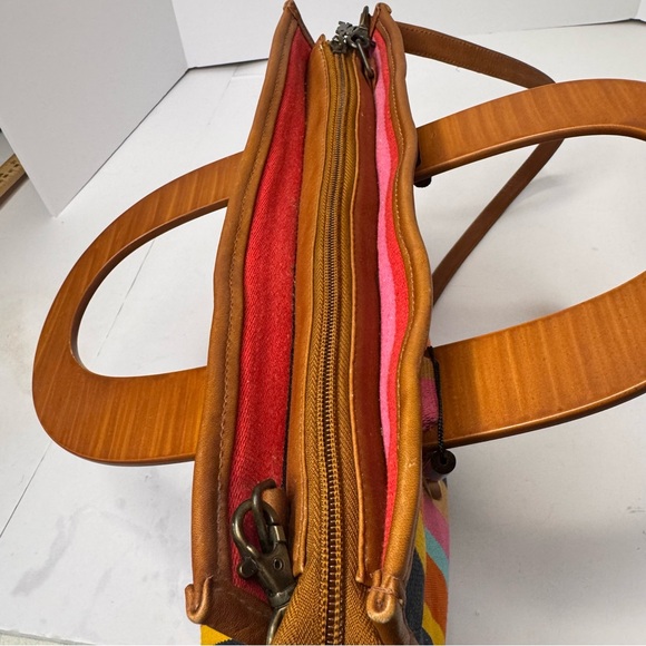 American Angel Leather-Accented Rainbow Striped Cotton Shoulder Bag Wood Handles - Picture 5 of 16